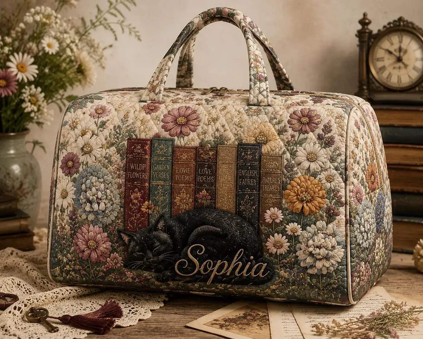 Quilted Weekend Bag, Personalized Cat Travel Tote, Vintage Floral Duffel, Book Lover Carry On, Cottagecore Gift ORD-WTI32