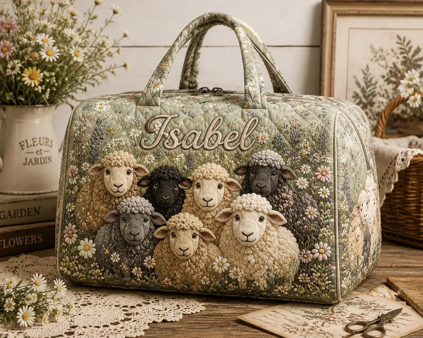 Quilted Weekend Bag, Personalized Sheep Travel Tote, Farm Animal Duffel, Custom Name Carry On, Cottagecore Gift ORD-WTI34