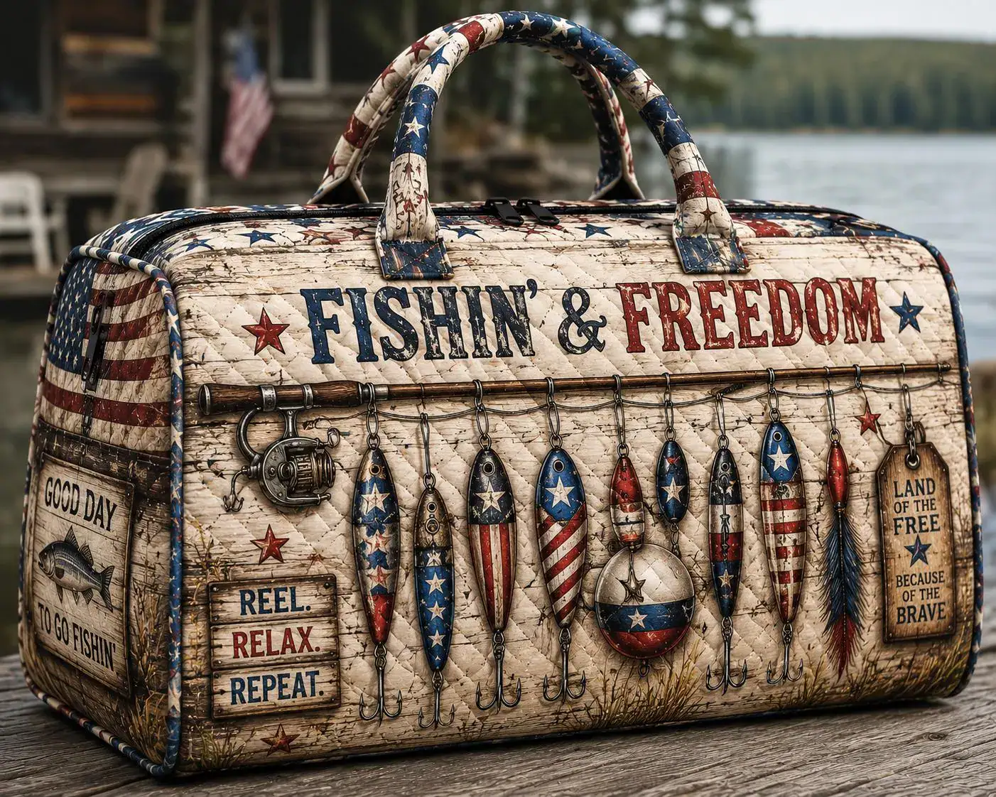 Quilted Weekend Bag, Fishing Travel Tote, Patriotic USA Duffel, Angler Carry On Luggage, Fisherman Gift Bag ORD-WTI39