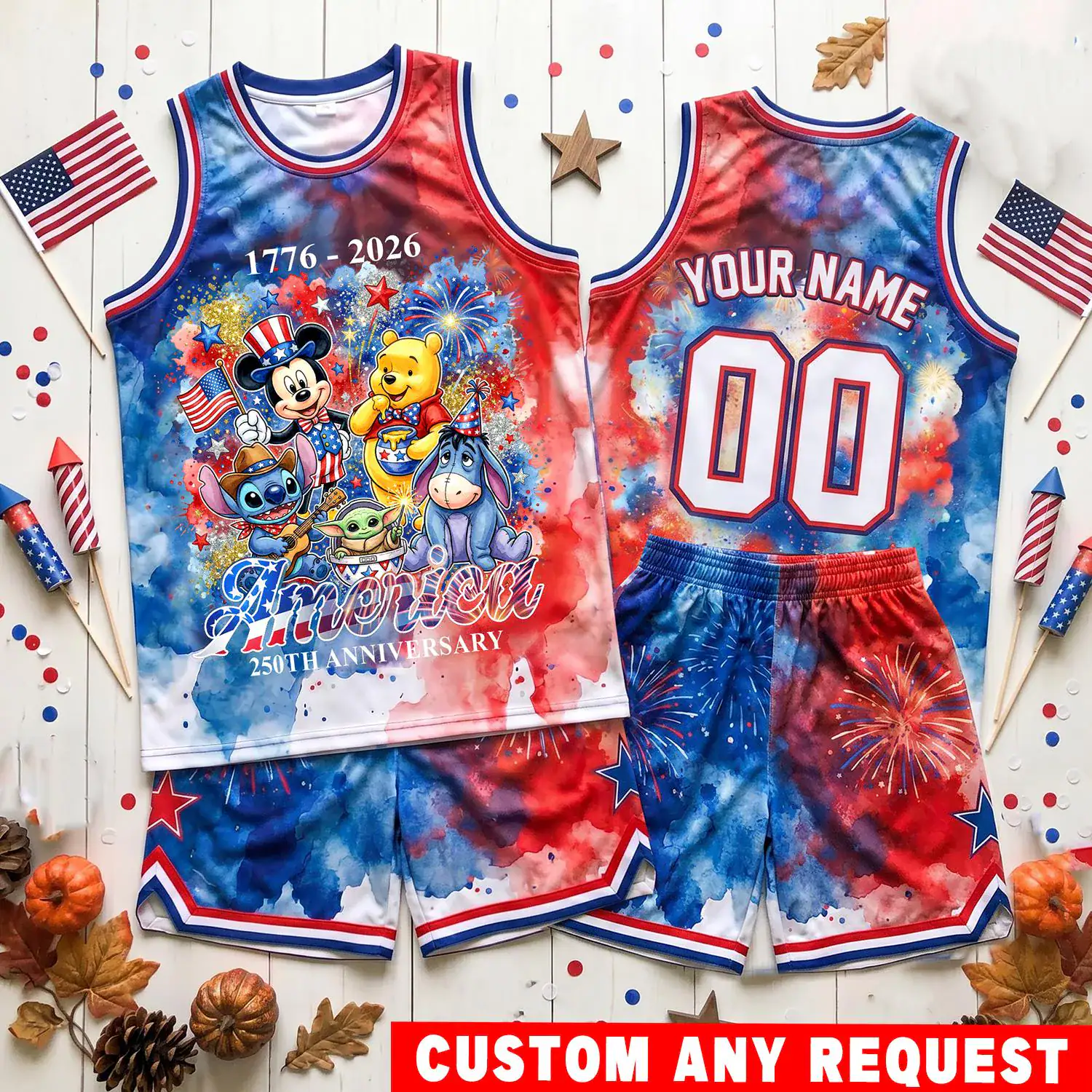 DN 4th Of July Basketball Jersey, America 250 Anniversary Custom Name Uniform, Patriotic DN Character Jersey Set, Kids Gift