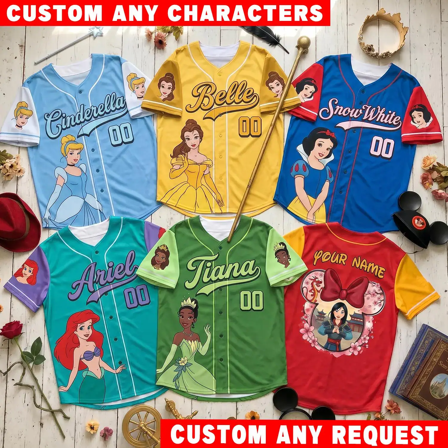 DN Princess Baseball Jersey Custom Name, Ariel Belle Rapunzel Shirt,Princess Birthday Tee, Girls Party Family Matching Gift, Y2k Jersey