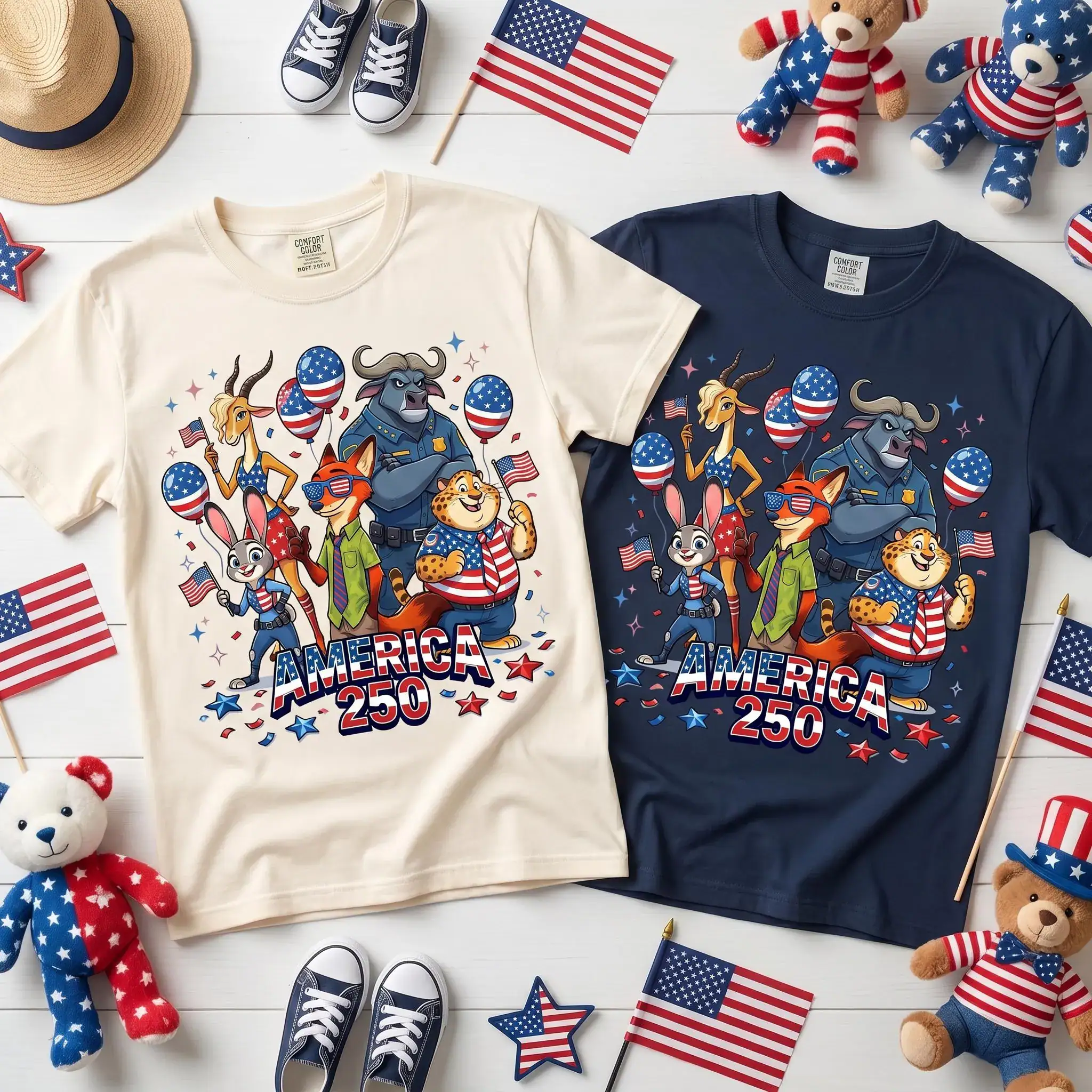 DN Zootopia America 250 T Shirt, Judy Hopps Nick Wilde Chief Bogo Clawhauser Patriotic Shirt, 4th Of July Family Tee