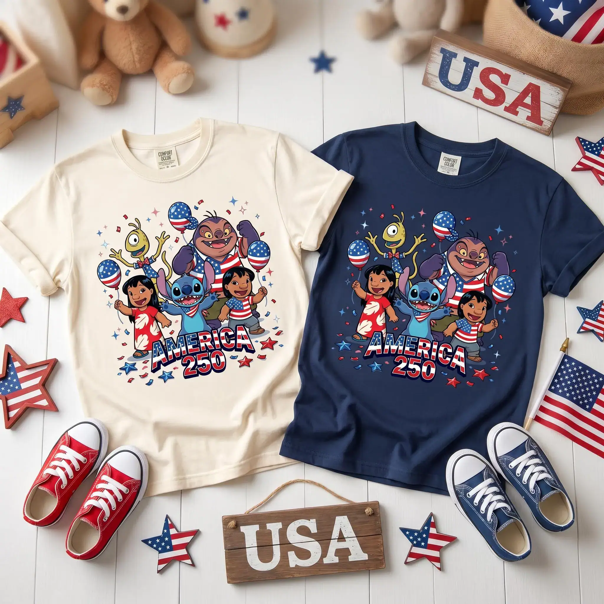 DN Lilo And Stitch America 250 T Shirt, Stitch Angel Lilo Jumba Pleakley Patriotic 4th Of July Family Matching Tee