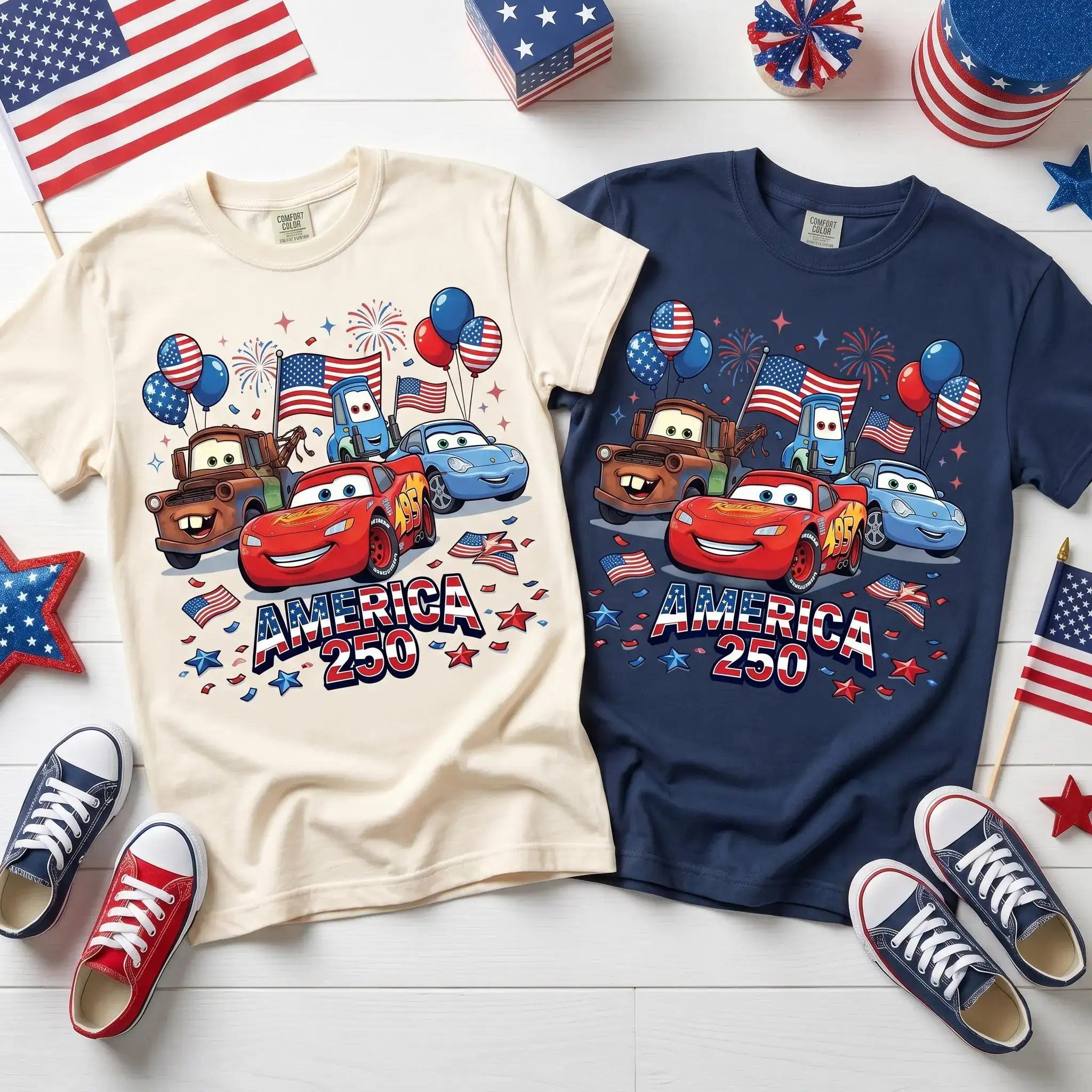 DN Cars America 250 T Shirt, Lightning McQueen Mater Sally Guido Patriotic 4th Of July Family Matching Kids Tee