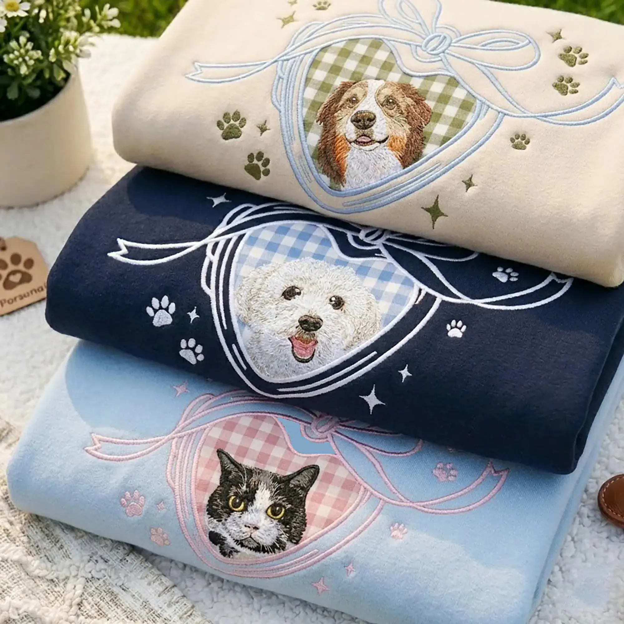 Custom Embroidered Pet Portrait Sweatshirt, Locket Heart Applique Shirt, Dog Mom Tee, Custom Pet Face From Photo Tee, Pet Lover Gift
