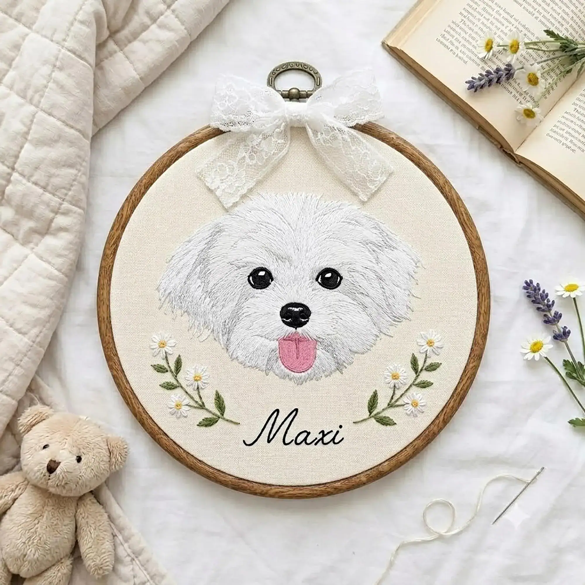 Custom Dog Portrait Embroidered Hoop, Personalized Pet Memorial Gift, Birth Flower Art, Dog Cat Memorial Keepsake, Pet Lover Gift