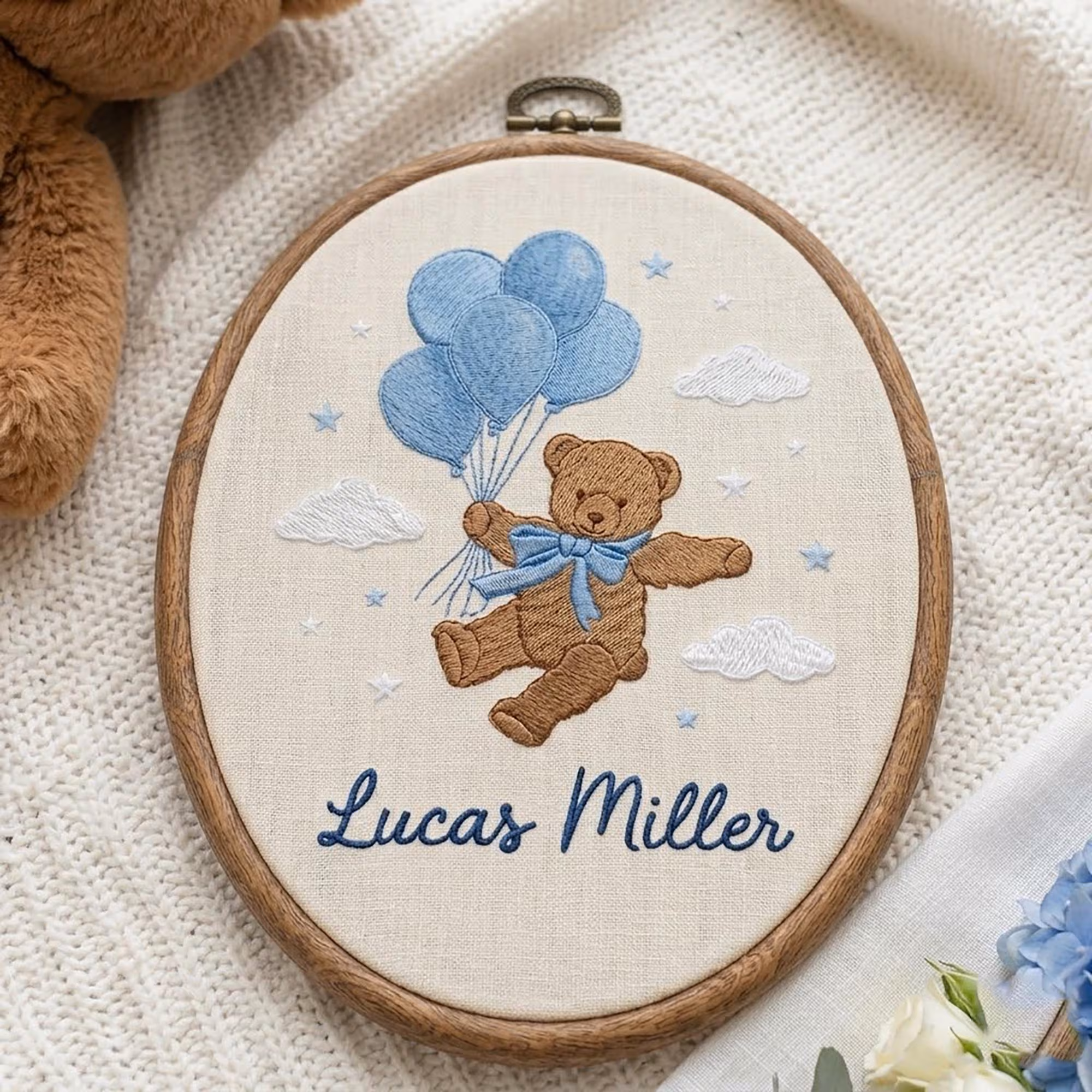 Embroidered Custom Teddy Bear Baby Name Hoop, Boy Nursery Decor, Custom Keepsake Gift, BabyShower Gift, Gift For Newborn