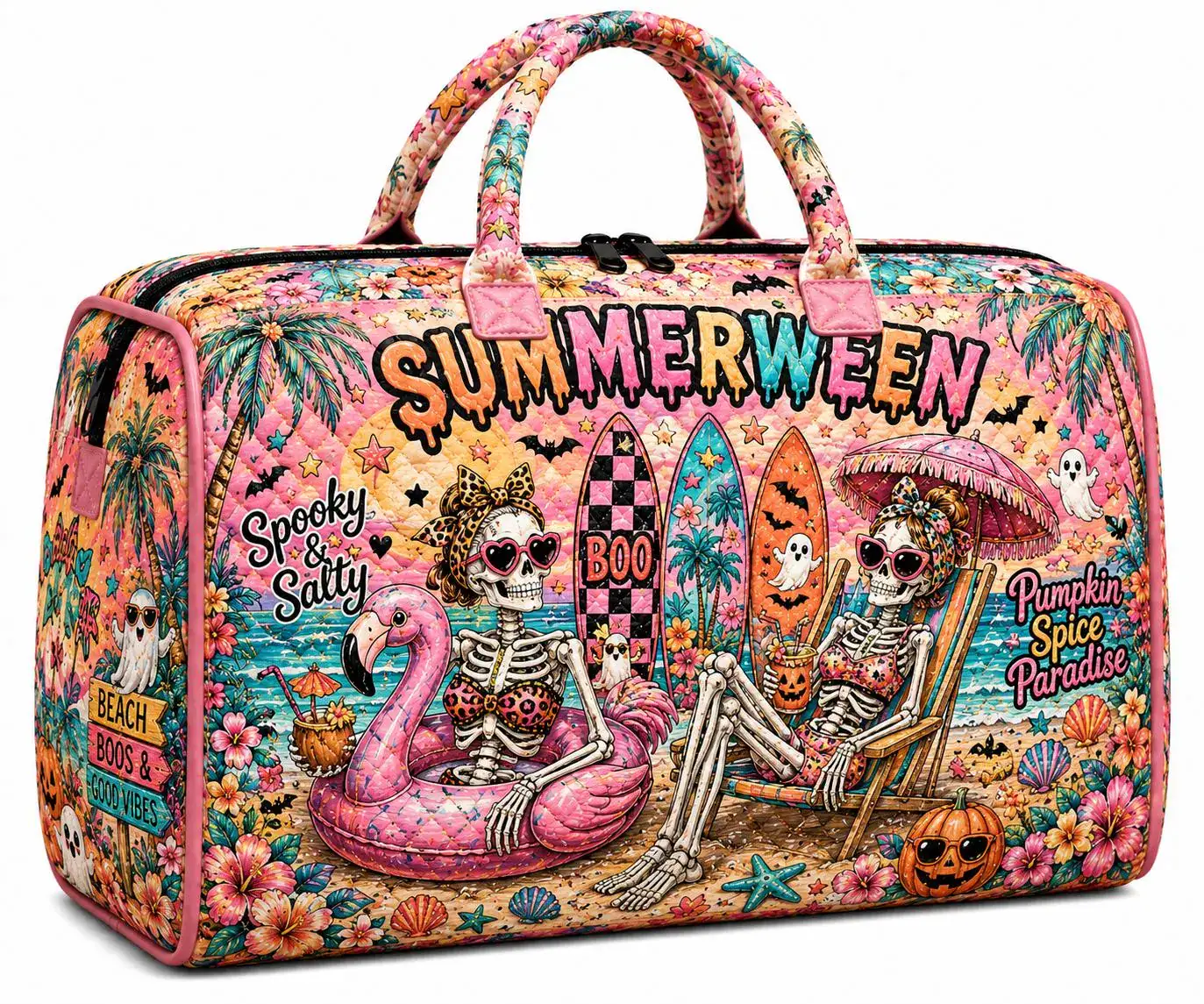 Quilted Weekend Bag, Summerween Travel Tote, Spooky Beach Duffel, Skeleton Vacation Carry On, Halloween Getaway Bag ORD-WTI20
