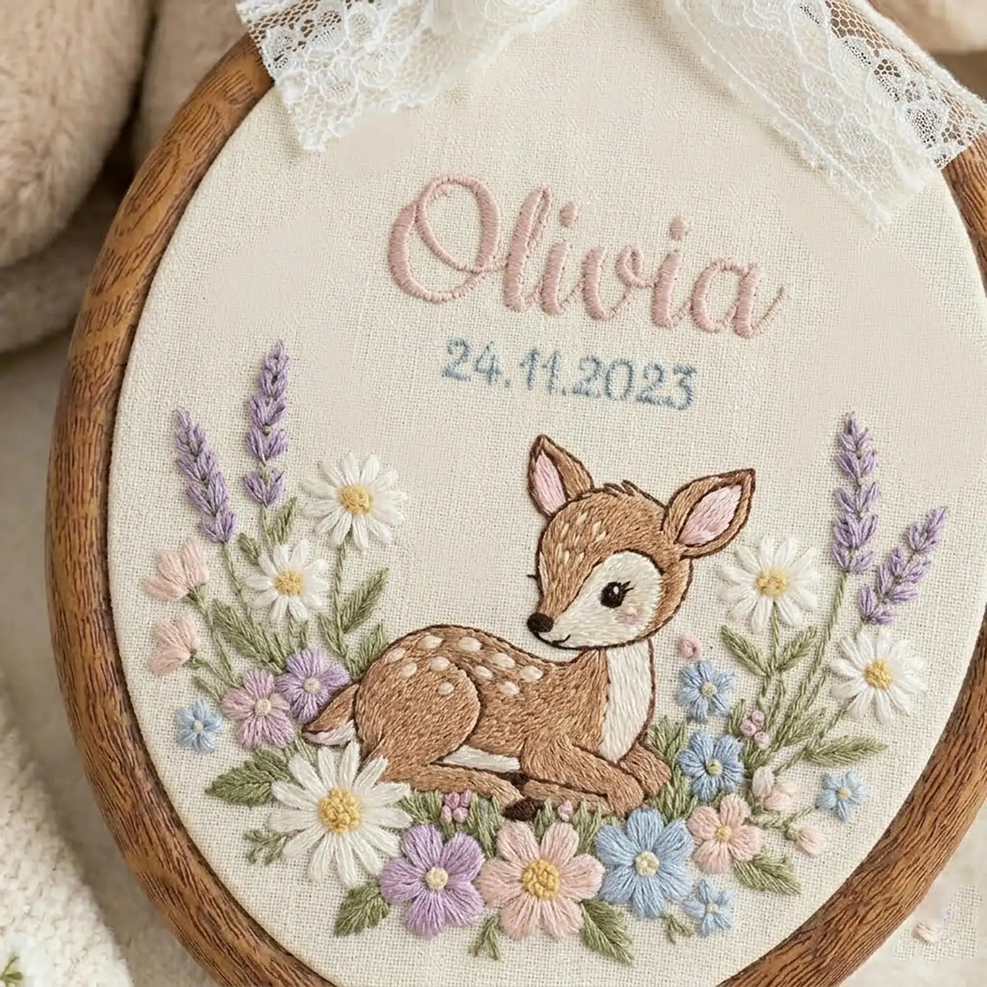 Personalized Embroidered Little Deer Hoop, Nursery Decor, Custom Woodland Keepsake, Custom Name Birth Announcement Sign, Baby Shower Gift