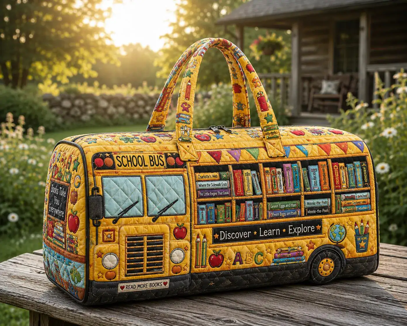 Quilted School Bus Weekend Bag Teacher Travel Duffle Library Book Lover Tote Reading Classroom Overnight Bag ORD-FTI88