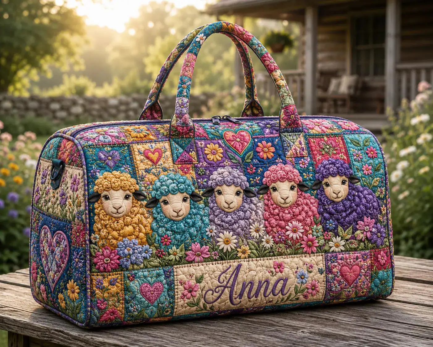 Personalized Sheep Quilted Weekend Bag Colorful Farm Animal Travel Duffel Floral Patchwork Overnight Gift for Her ORD-FTI97 Personalized Sheep Quilted Weekend Bag Colorful Farm Animal Travel Duffel Floral Patchwork Overnight Gift for Her ORD-FTI97 - Image 1