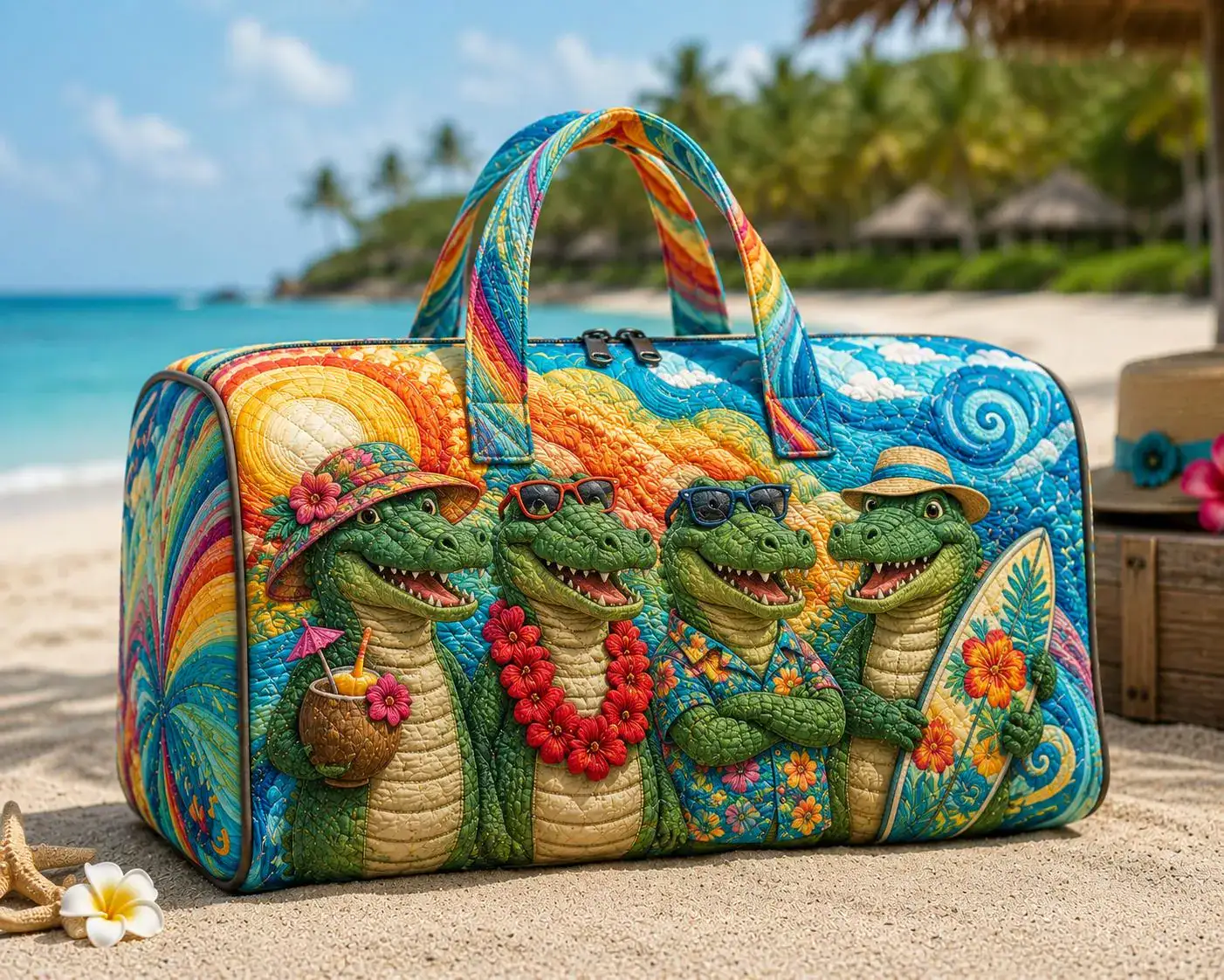 Beach Crocodile Quilted Weekend Bag, Tropical Vacation Travel Duffle, Summer Coastal Overnight Tote, Gator Lover Gift ORD-ZTI14 Beach Crocodile Quilted Weekend Bag, Tropical Vacation Travel Duffle, Summer Coastal Overnight Tote, Gator Lover Gift ORD-ZTI14 - Image 1