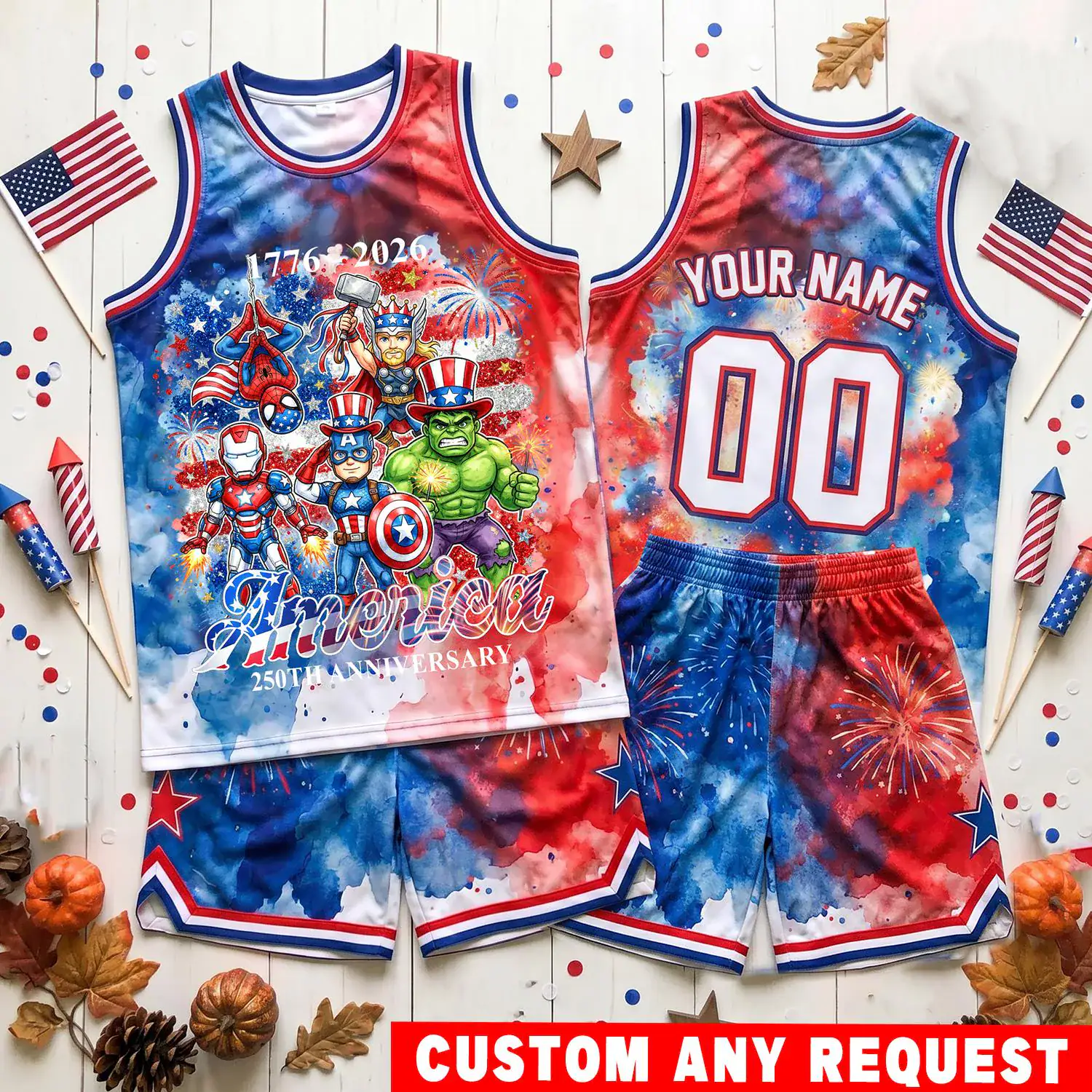 Avengers 4th Of July Basketball Jersey, MV America 250 Anniversary Uniform, Custom Name Patriotic Jersey Set, Kids USA Gift