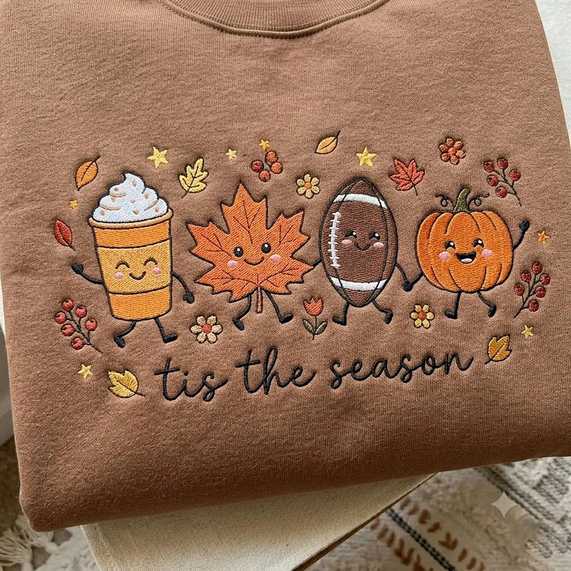 Tis The Season Doodle Embroidered Sweatshirt, Fall Pumpkin Football Coffee Crewneck, Thanksgiving Pumpkin Spice Shirt, Cozy Autumn Hoodie