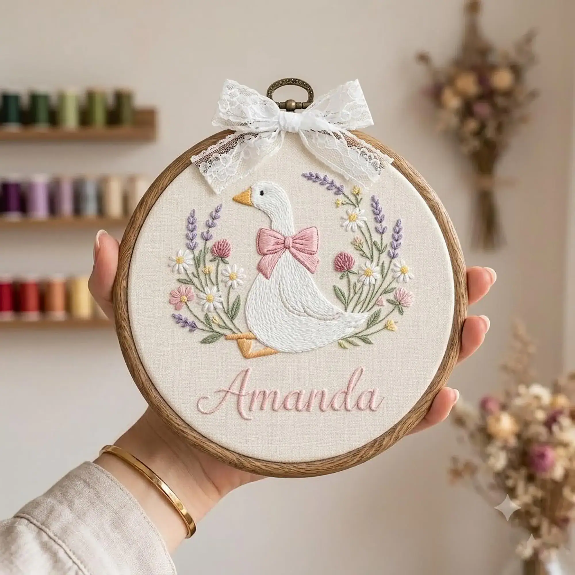 Custom Sily Goose Embroidery Hoop Art, Floral Wall Hanging Gift, Personalized Baby Name, Baby Girl Nursery Decor, Baby Shower Gift