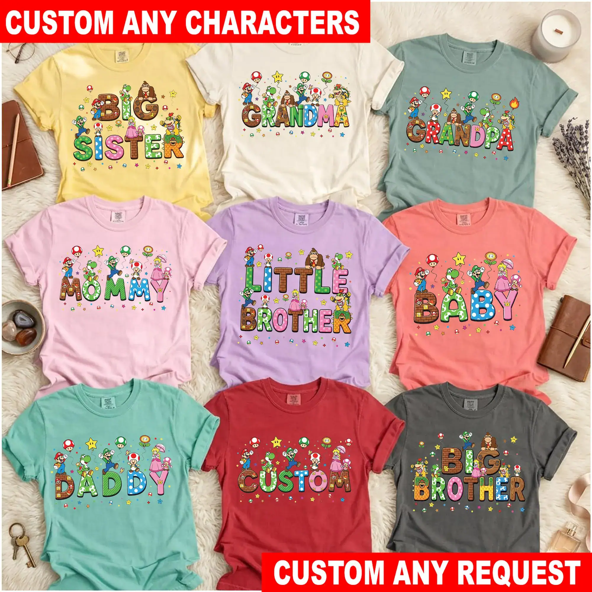 Personalized Mario Family Shirts, Custom Nintendo Family Matching Shirts, Custom Mario Character Tee, Family Vacation Birthday Gift
