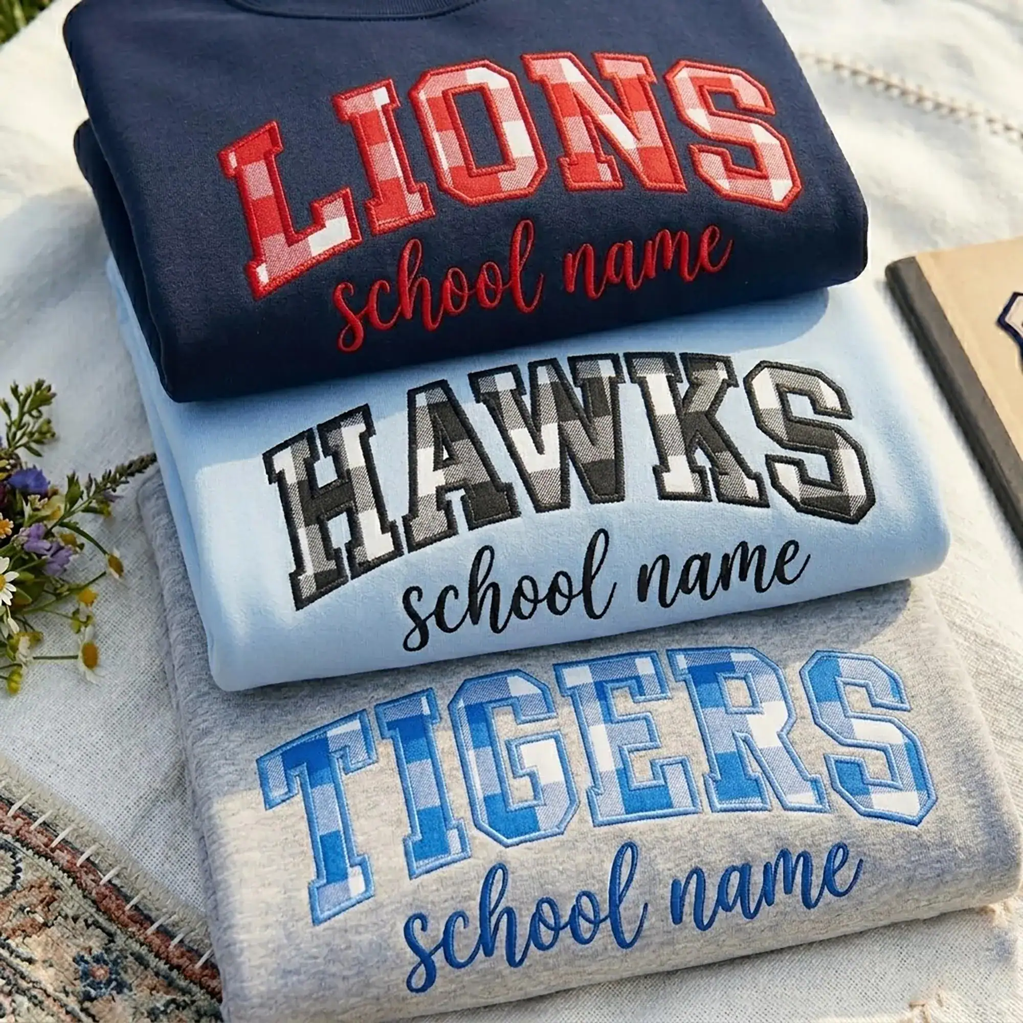 Custom School Sweatshirt, Personalized Team Sweatshirt, Custom Gingham Applique, Embroidered look School Spirit Shirt, Mascot Sweatshirt