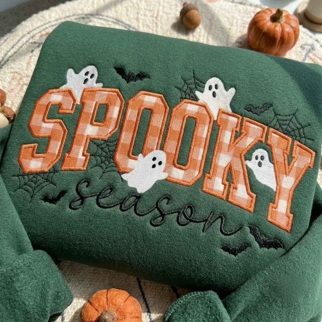 Spooky Season Embroidered Sweatshirt, Coquette Halloween Crewneck, Striped Halloween Ghost Applique Tee, Halloween Gift, Cozy Season Gift