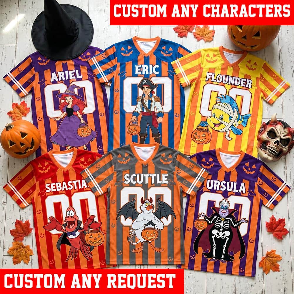 Little Mermaid Halloween Football Jersey, Ariel Ursula Sebastian Flounder Scuttle Shirt, Personalized Kids Halloween Gift