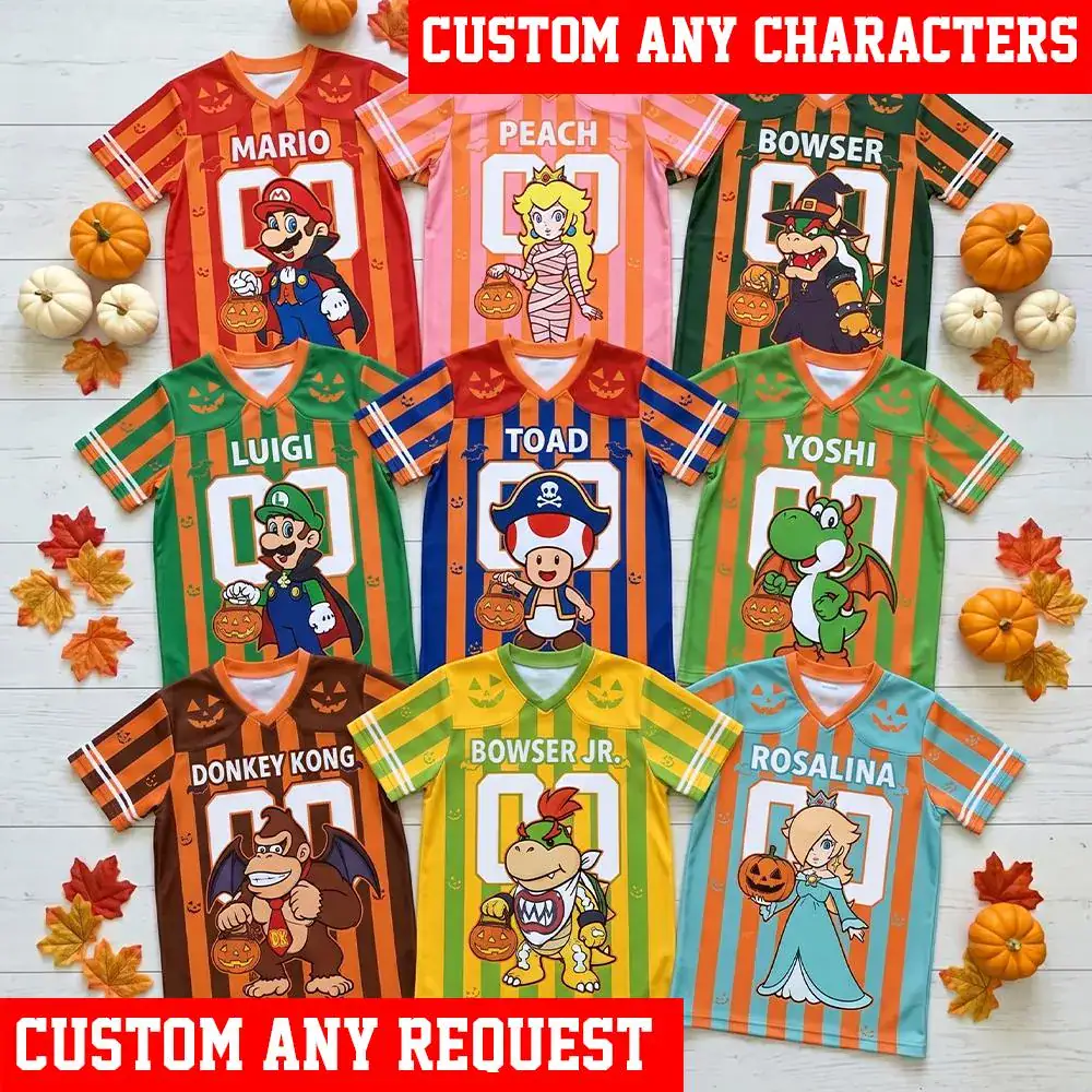 Mario Halloween Football Jersey, Personalized Super Mario Shirt, Custom Mario Luigi Yoshi Bowser Kids Halloween Gift Jersey
