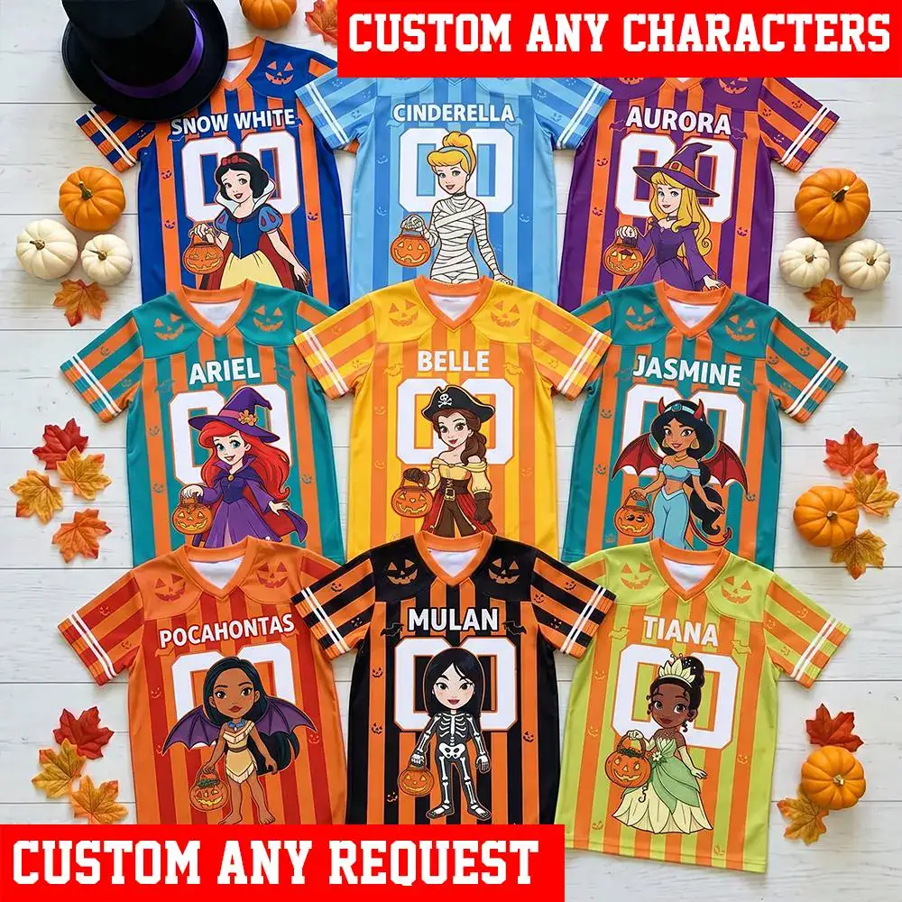 DN Princess Halloween Football Jersey, Personalized Princess Shirt, Snow White Cinderella Ariel Belle Jasmine Halloween Gift