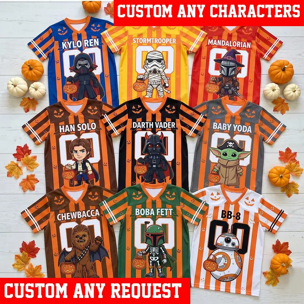 Star Wars Halloween Football Jersey, Personalized Darth Vader Shirt, Baby Yoda Costume, Mandalorian Gift, Custom Kids Jersey