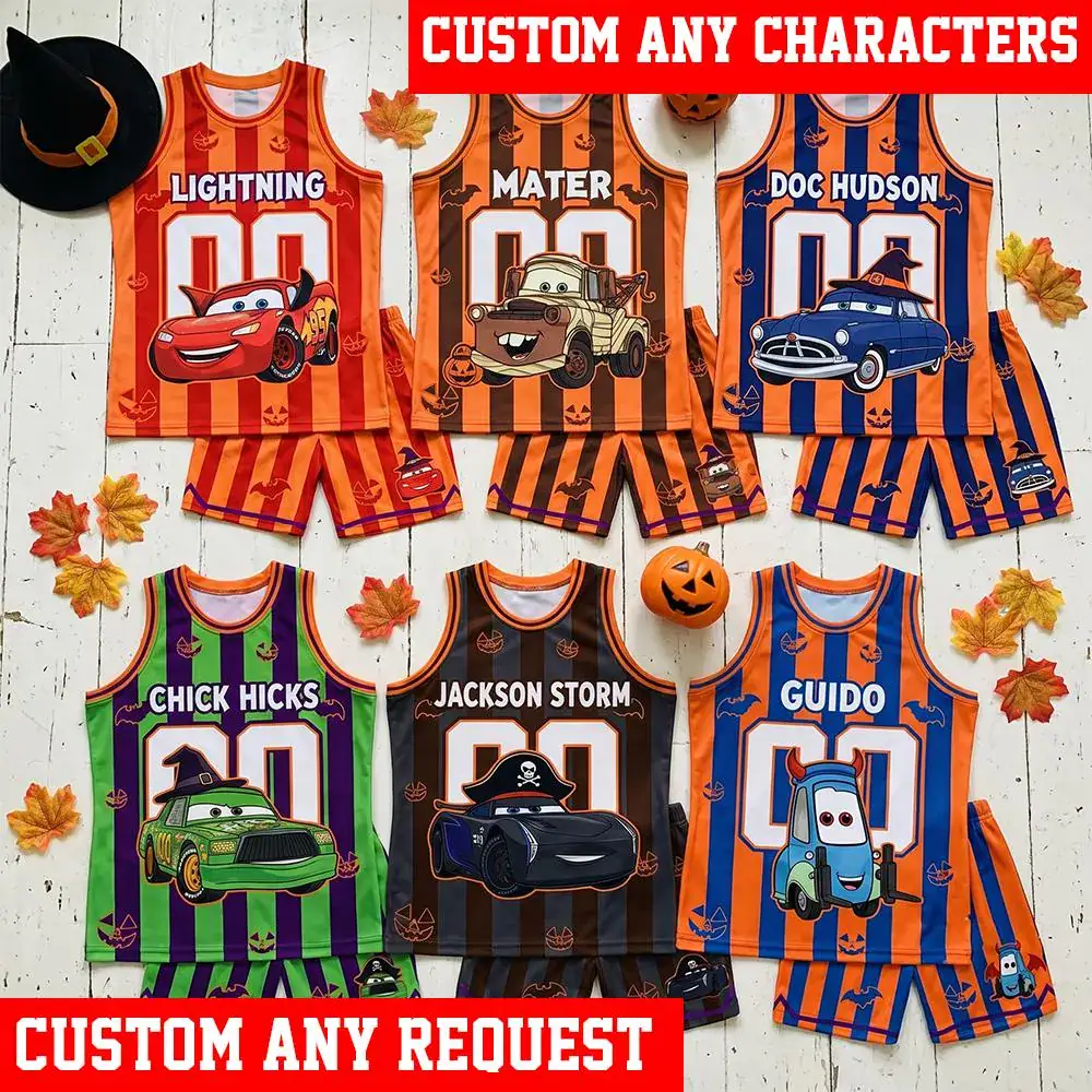 DN Cars Halloween Basketball Jersey Set, Personalized Lightning McQueen Costume, Mater Jackson Storm Gift For Kids