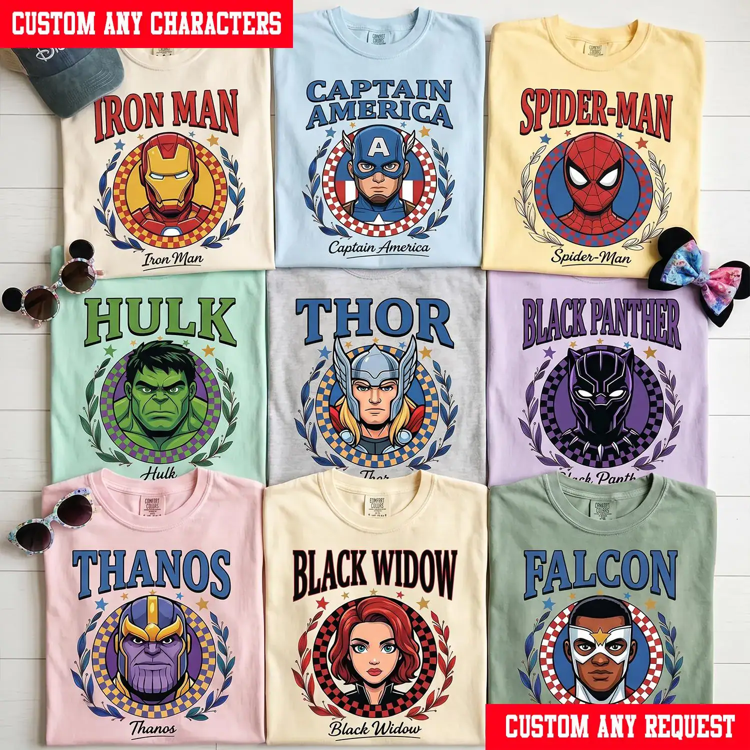 Custom Marvel Avengers Checkered Circle Shirt, Personalized Superhero Family Matching Tee, Hero Birthday Gift, Custom Character T-Shirt