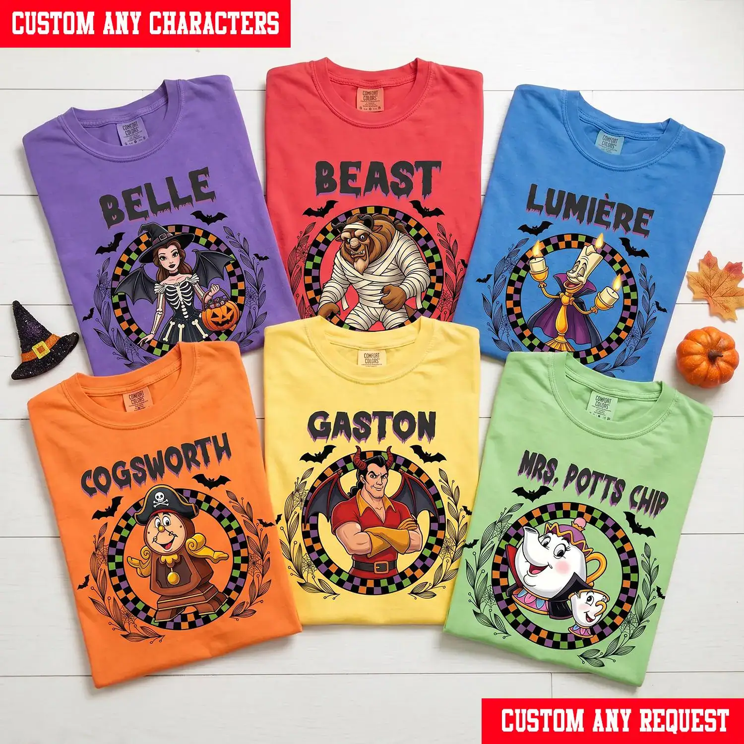 Custom Beauty and the Beast Halloween Checkered Circle Shirt , Spooky DN Family Matching Tee, Belle Beast Lumiere Boo Party T-Shirt