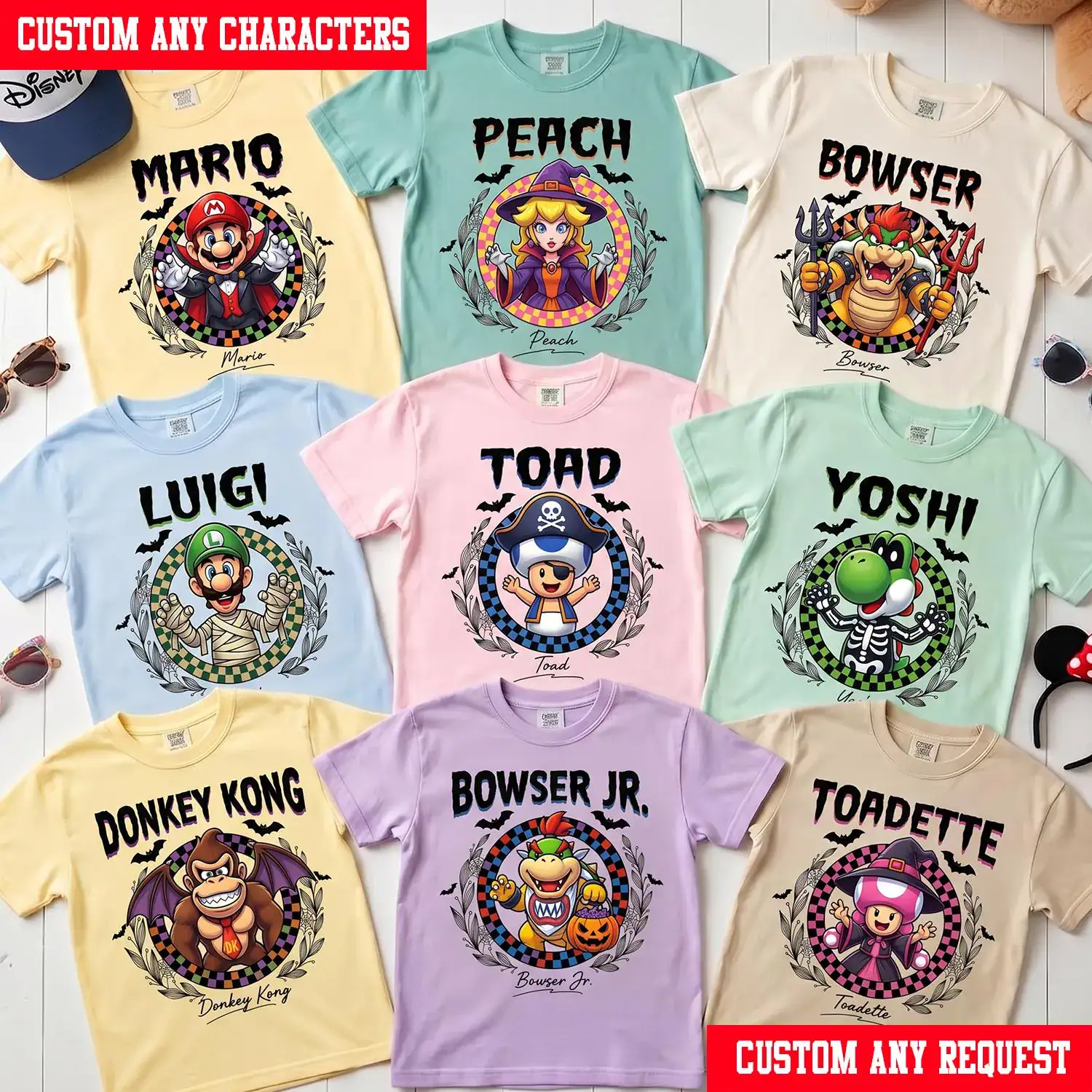 Custom Super Mario Checkered Circle Halloween Shirt, Mario Luigi Yoshi Bowser Family Matching Tee, Spooky Gaming Halloween Shirt