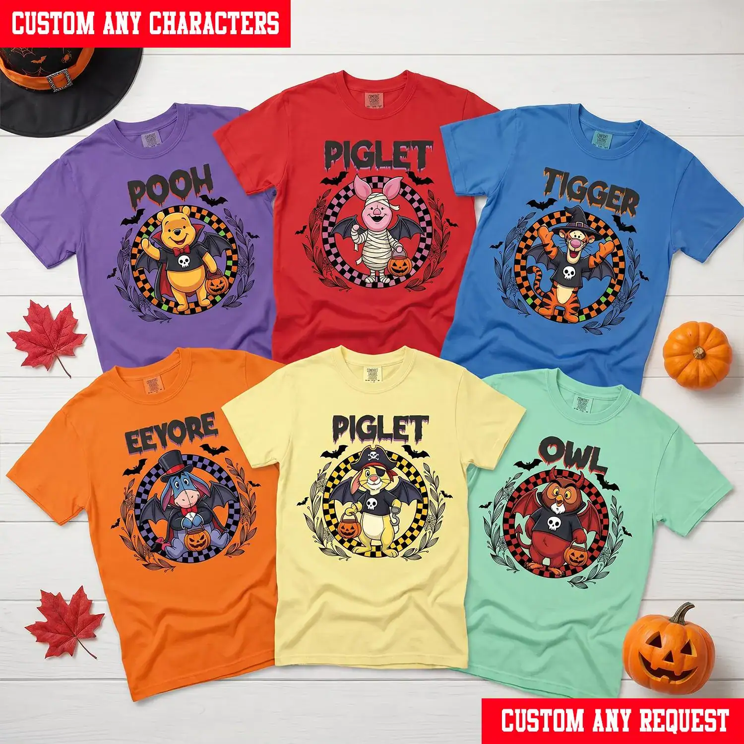 Custom Winnie the Pooh Checkered Circle Halloween Shirt, Pooh Piglet Tigger Eeyore Family Matching Tee, DN Halloween Party Shirt