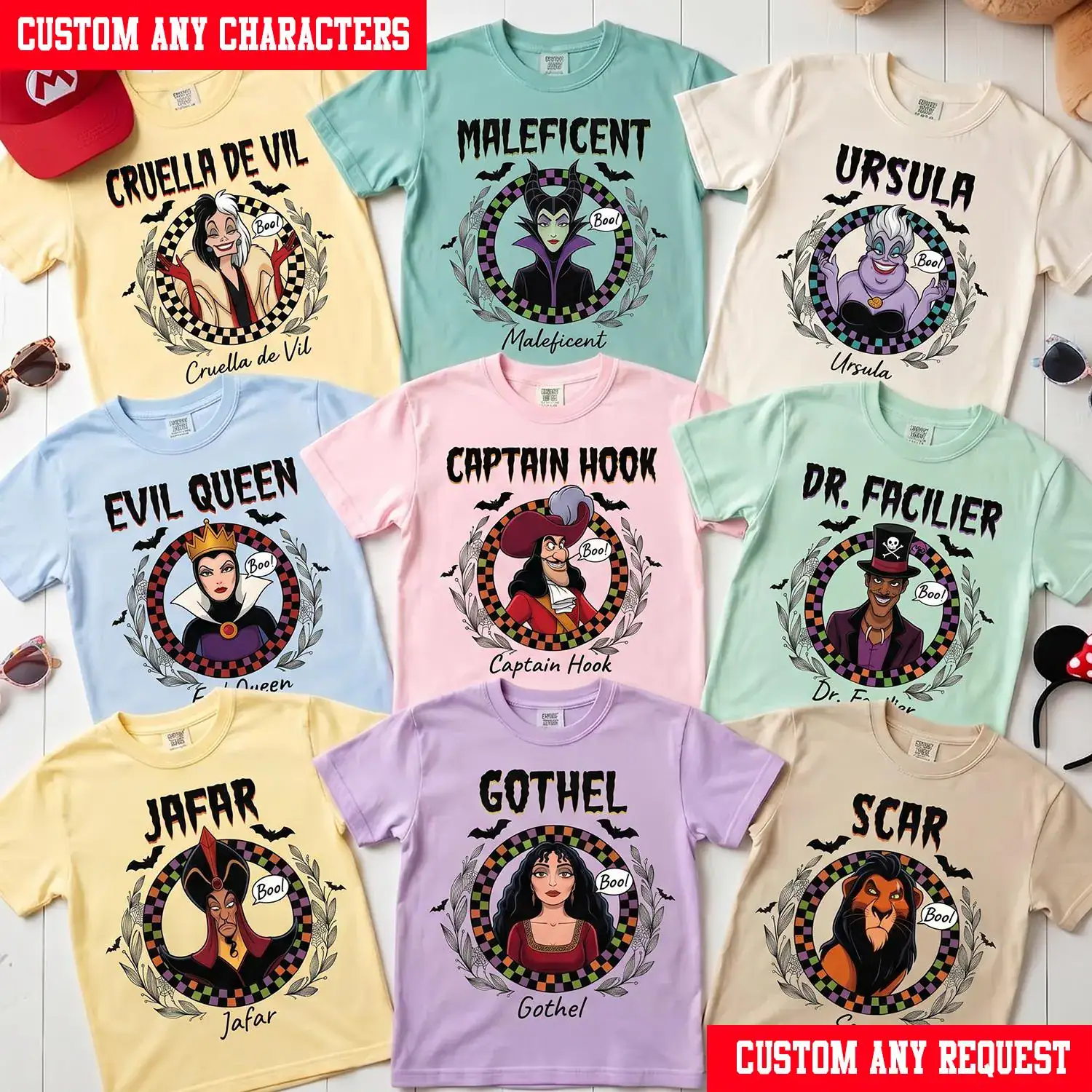 Custom DN Villains Checkered Circle Halloween Shirt, Maleficent Ursula Cruella Captain Hook Family Matching Halloween Tee