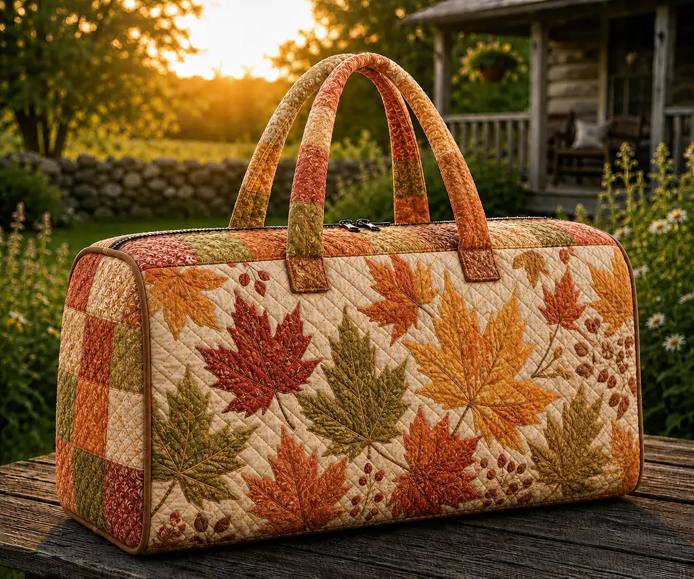 Autumn Maple Leaves Quilted Weekend Bag,Fall Travel Duffel Bag,Rustic Harvest Overnight Bag,Cozy Weekender Tote, Thanksgiving Gift URD-O1U09