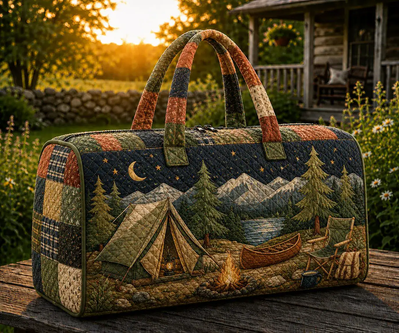 Rustic Camping Quilted Weekend Bag, Mountain Lake Travel Duffel Bag, Woodland Adventure Overnight Bag, Cabin Weekender Tote URD-O1U10