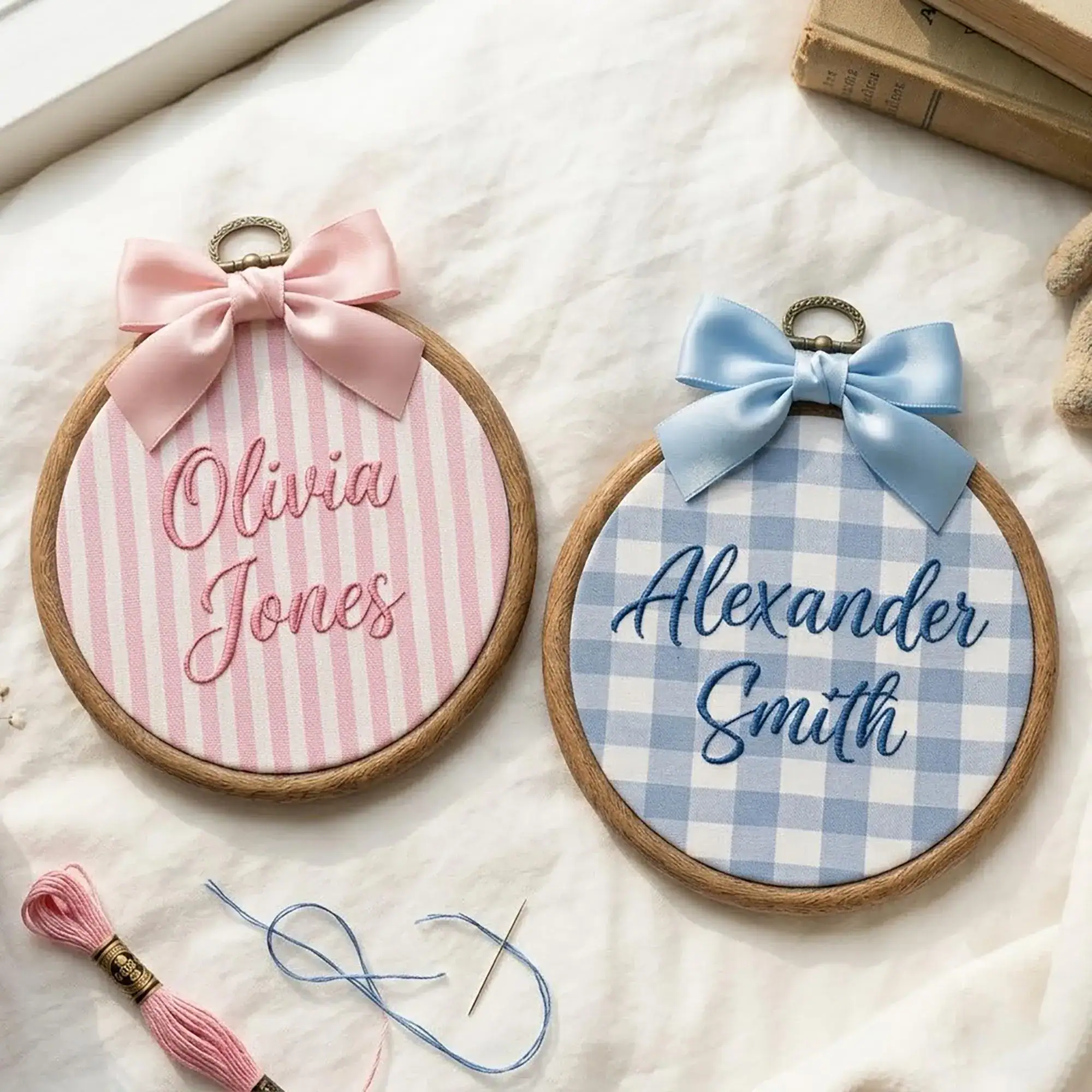 Embroidered Custom Name Hoop, Little Girl Boy Name Announcement Sign, Personalized Nursery Wall Decor, Gingham Keepsake Gift