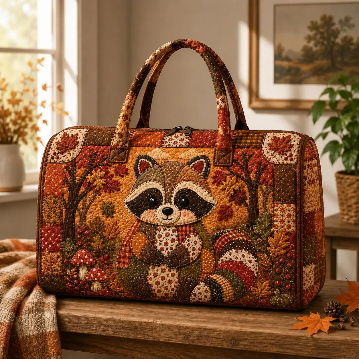 Raccoon Quilted Weekend Bag, Fall Woodland Animal Travel Bag, Cute Autumn Duffel Bag, Forest Animal Lover Gift SRD-UYM68