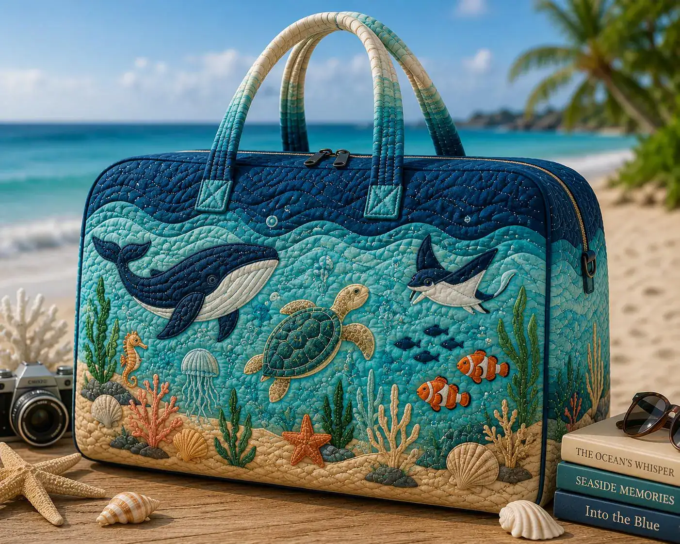 Ocean Quilted Weekender Bag, Sea Turtle Travel Bag, Whale Duffle Bag, Beach Overnight Bag, Coastal Carry On, Marine Gift ARD-DGY14