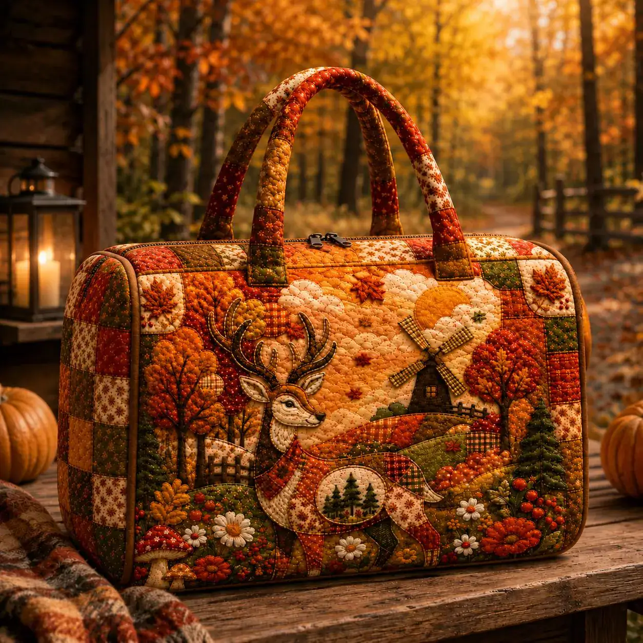 Autumn Deer Quilted Weekend Bag, Woodland Deer Travel Duffel, Fall Forest Overnight Bag, Rustic Nature Gift for Her SRD-UYM69