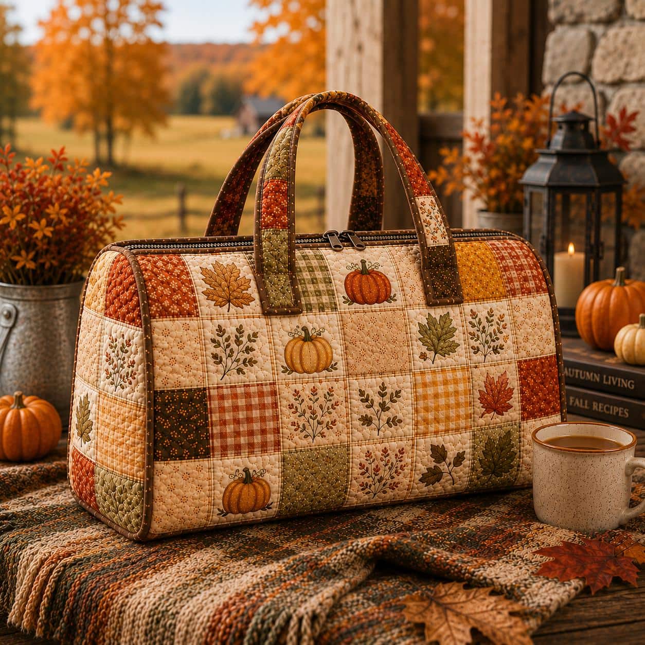 Fall Pumpkin Quilted Weekend Bag, Autumn Patchwork Travel Bag, Thanksgiving Duffel Bag, Rustic Overnight Bag for Women SRD-UYM65