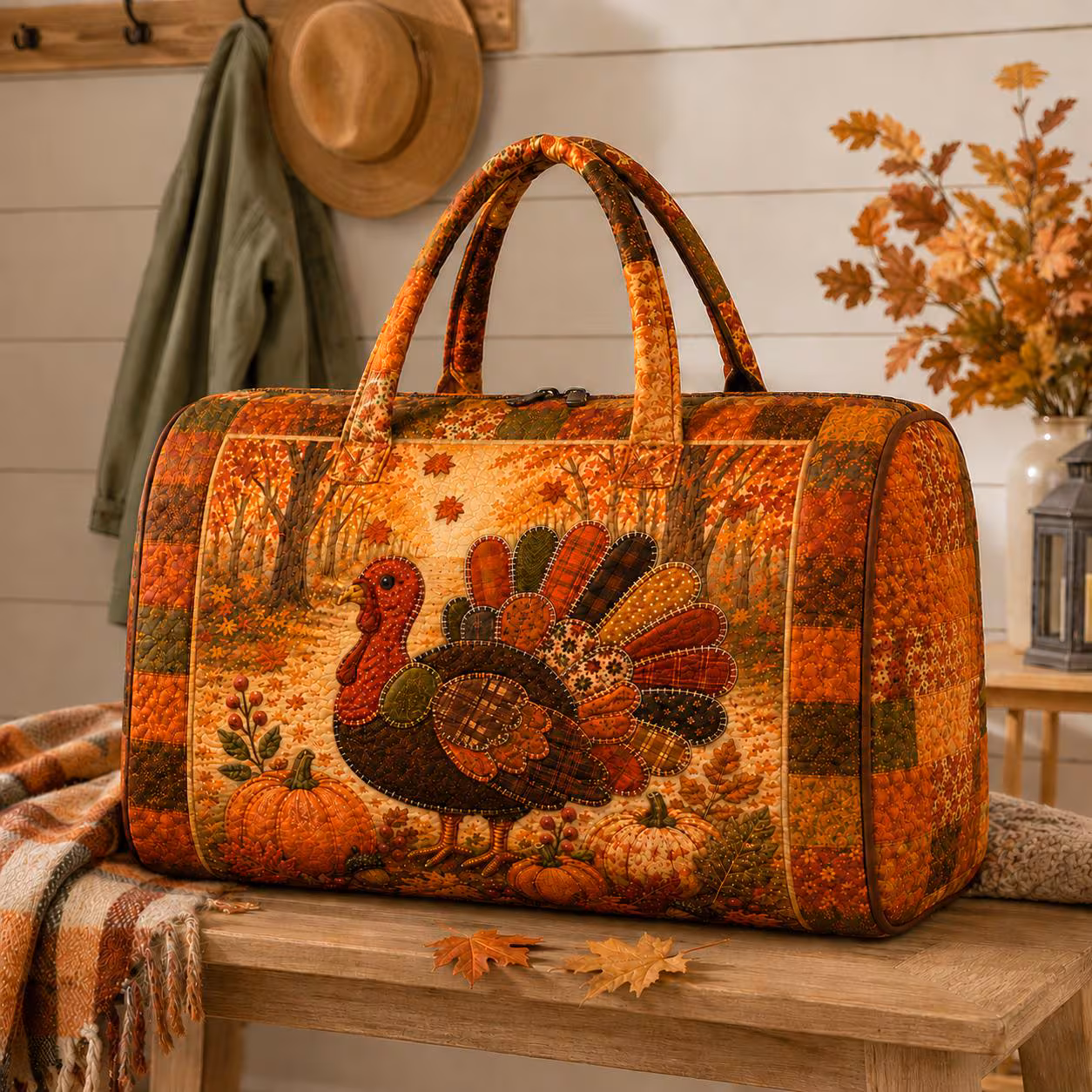 Thanksgiving Turkey Quilted Weekend Bag, Fall Harvest Travel Duffel, Pumpkin Autumn Overnight Bag, Rustic Holiday Gift SRD-UYM66