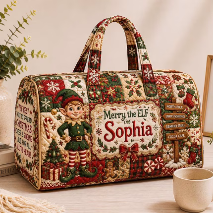 Personalized Christmas Elf Quilted Weekend Bag, Holiday Travel Duffel, Festive Carry On Luggage, Custom Gift for Her ORD-ITI88