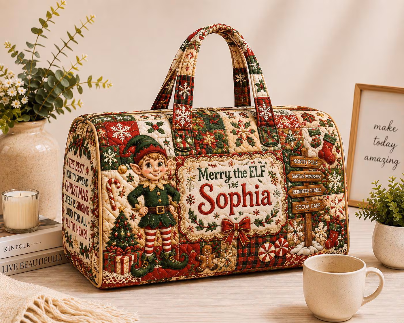 Personalized Christmas Elf Quilted Weekend Bag, Holiday Travel Duffel, Festive Carry On Luggage, Custom Gift for Her ORD-ITI88