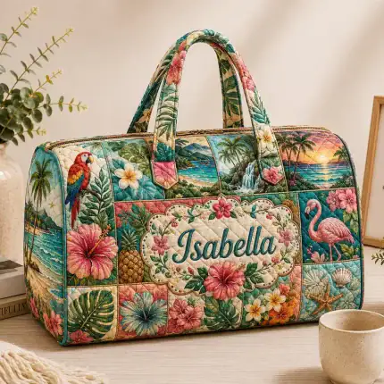 Personalized Tropical Quilted Weekend Bag, Hawaiian Beach Travel Duffel, Flamingo Carry On Luggage, Custom Vacation Gift ORD-ITI94