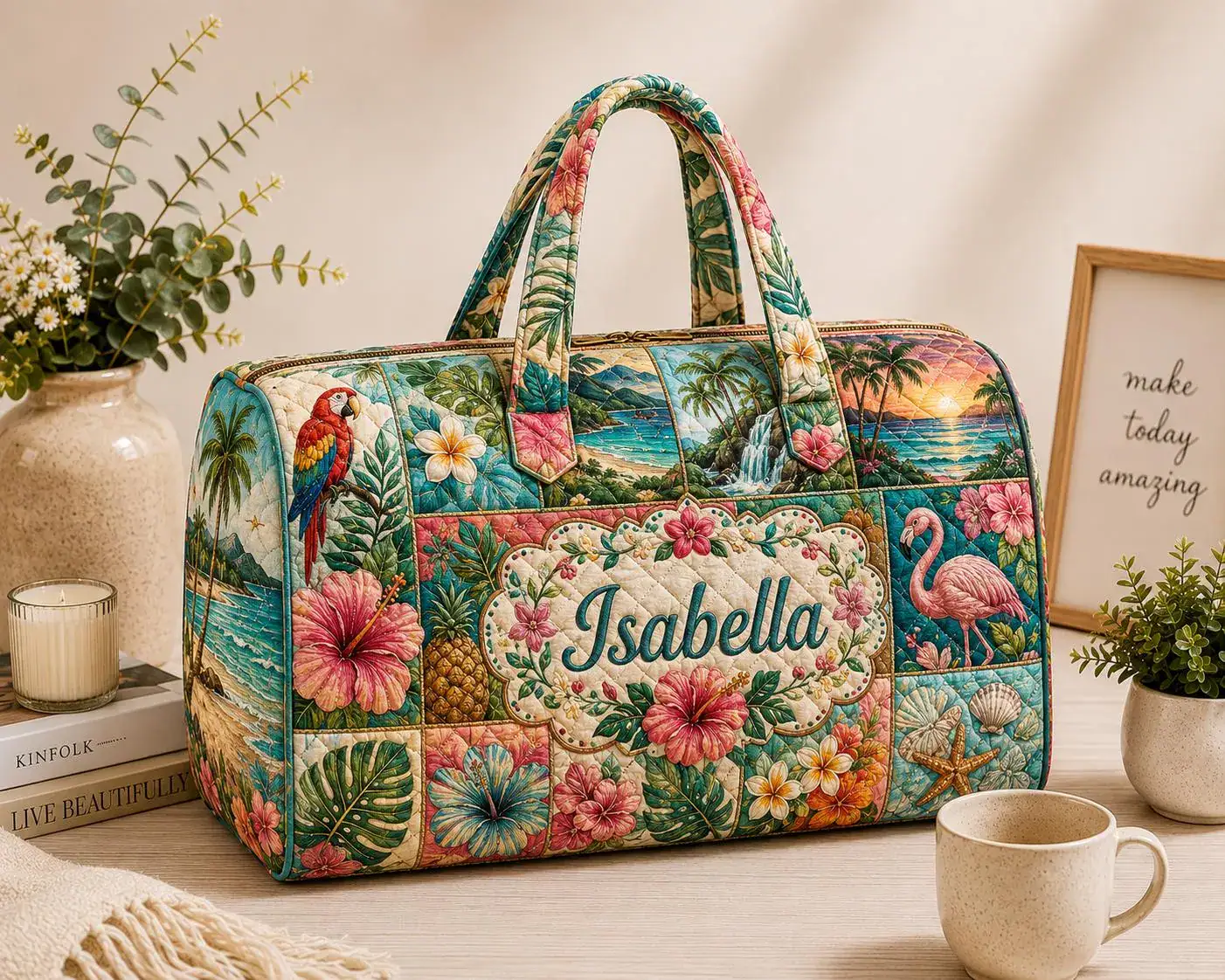 Personalized Tropical Quilted Weekend Bag, Hawaiian Beach Travel Duffel, Flamingo Carry On Luggage, Custom Vacation Gift ORD-ITI94