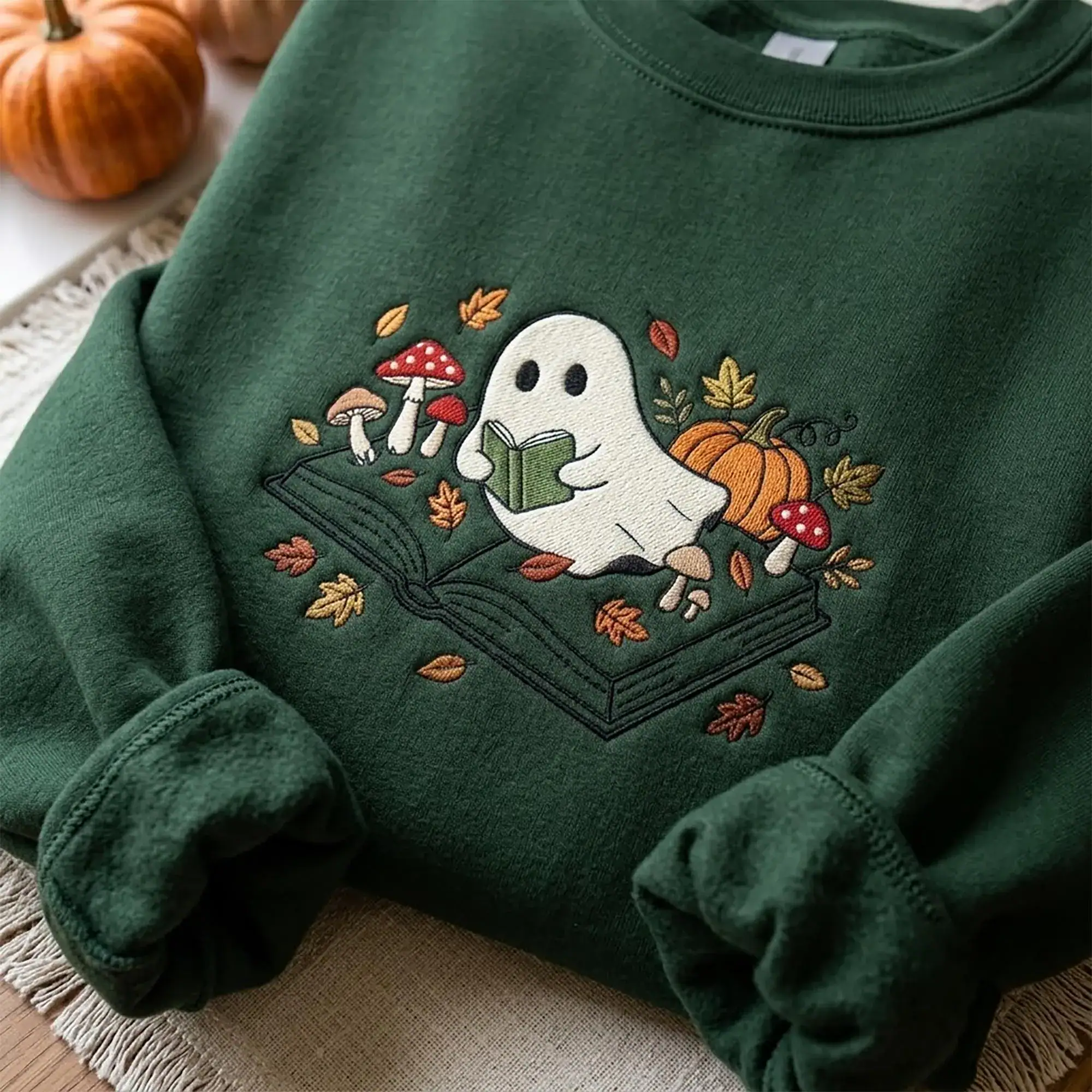 Embroidered Ghost On Book Sweatshirt, Spooky Season Floral Mushroom Tee, Wildflowers Preppy Fall Shirt, Floral Ghost Tee, Book Lover Gift