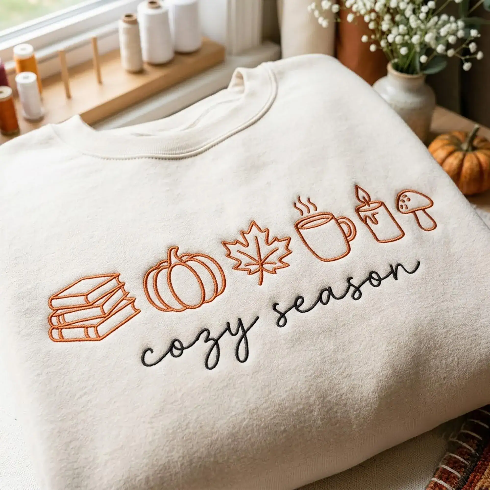 Embroidered Cozy Season Icon Sweatshirt, Pumpkin Coffee Book Shirt, Cozy Season Crewneck, Book Lover Gift, Autumn Gift