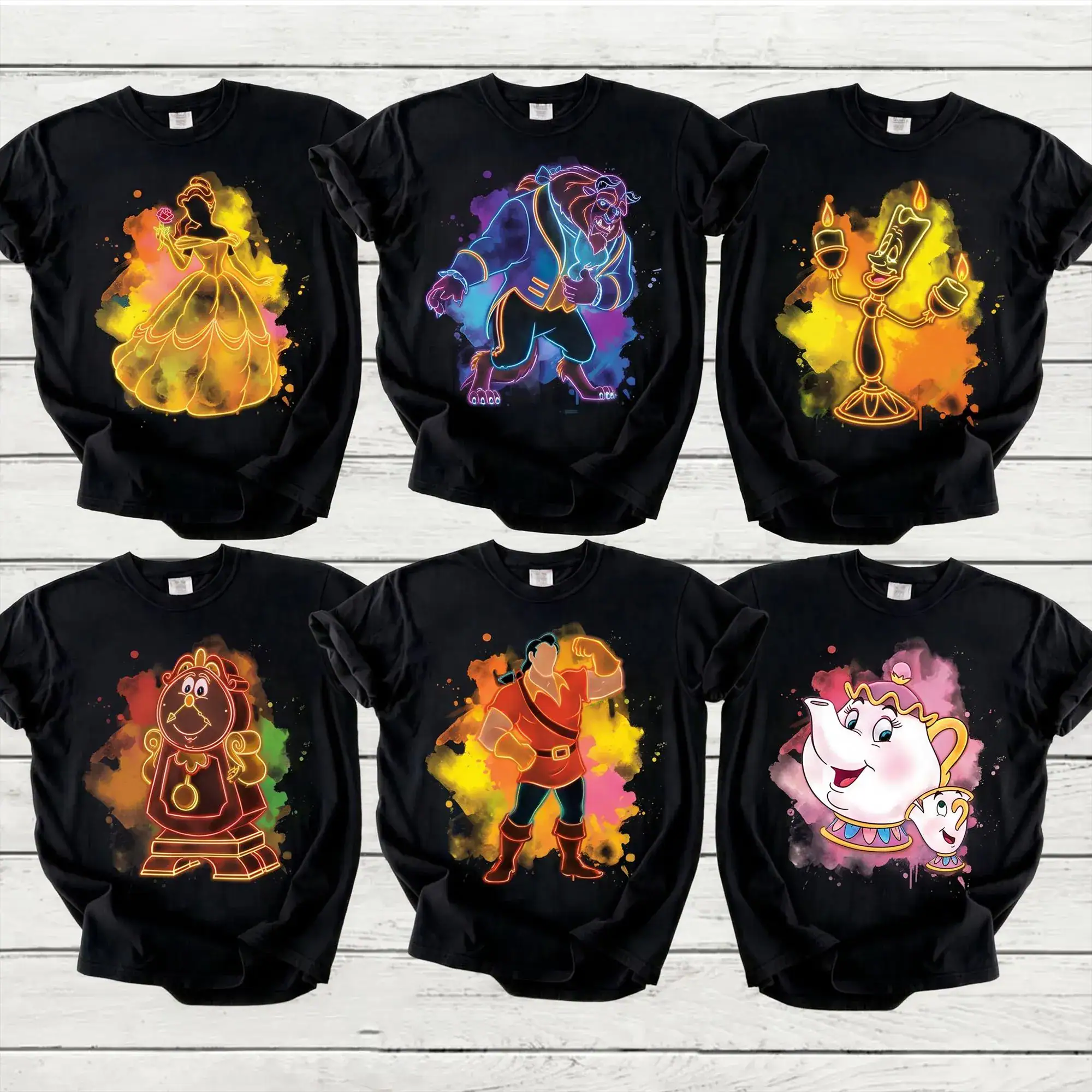 Beauty And The Beast Neon T Shirt, Belle Beast Lumiere Cogsworth Mrs Potts Chip Gaston DN Family Matching Shirt Gift