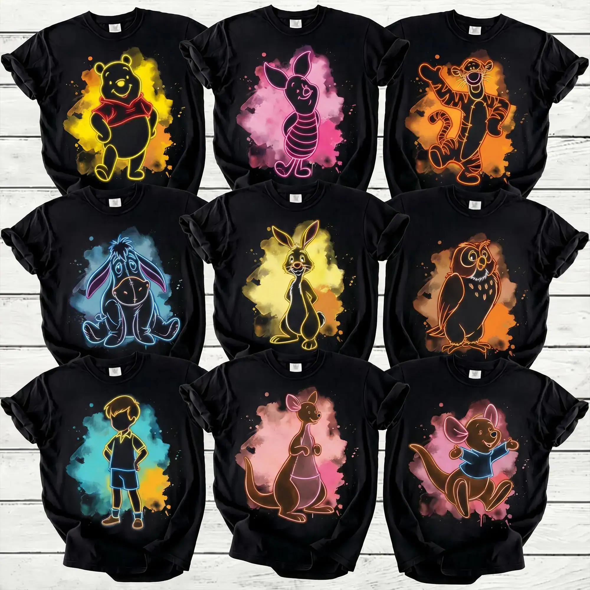 Winnie The Pooh Neon T Shirt, Pooh Piglet Tigger Eeyore Rabbit Owl Roo Christopher Robin DN Family Matching Tee
