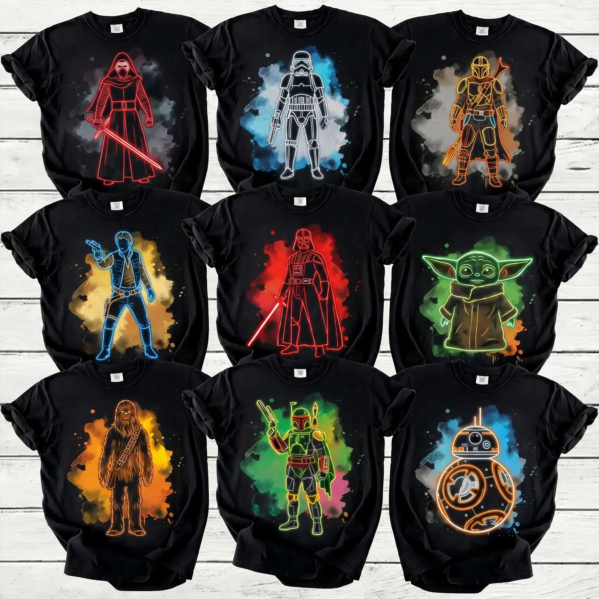 Star Wars Neon T Shirt, Darth Vader Kylo Ren Grogu Mandalorian Stormtrooper Boba Fett Shirt Gift For Kids Tee