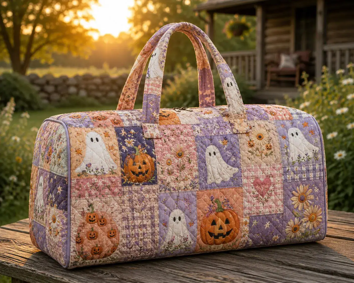 Halloween Patchwork Quilted Weekend Bag Ghost Pumpkin Travel Duffle Cottagecore Fall Overnight Tote Gift ORD-FTI90